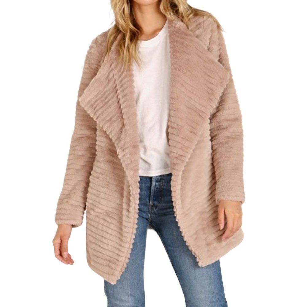 BB DAKOTA Jacket Faux Fur Fab Moment Horizontal Ribbed in Tan Blush Size Small